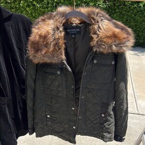 Green and Brown Utility Jacket with Faux Fur Trim